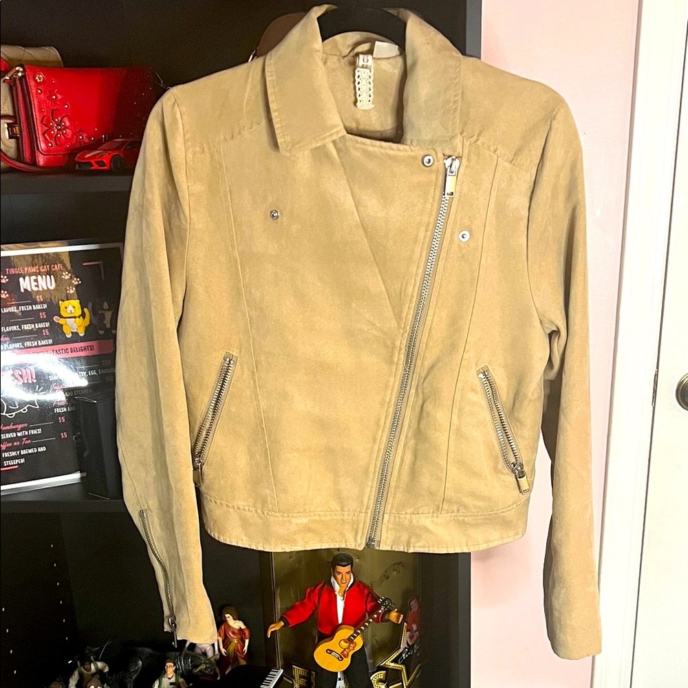 H&M Divided Beige Faux Leather Moto Jacket Size 6